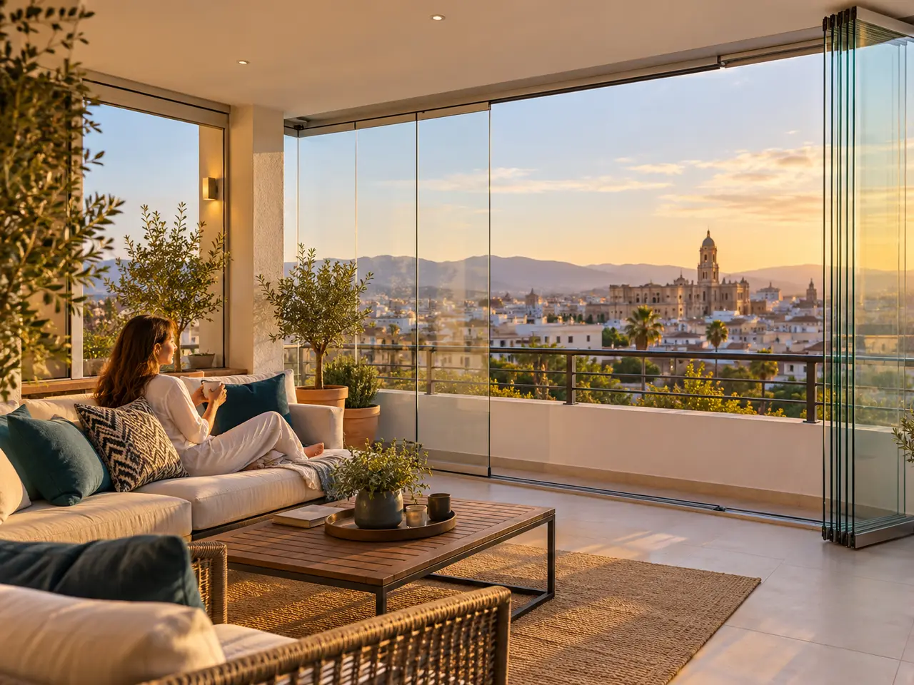 Terraza cerrada con cortina de cristal sin perfiles, con varias hojas recogidas a un lado