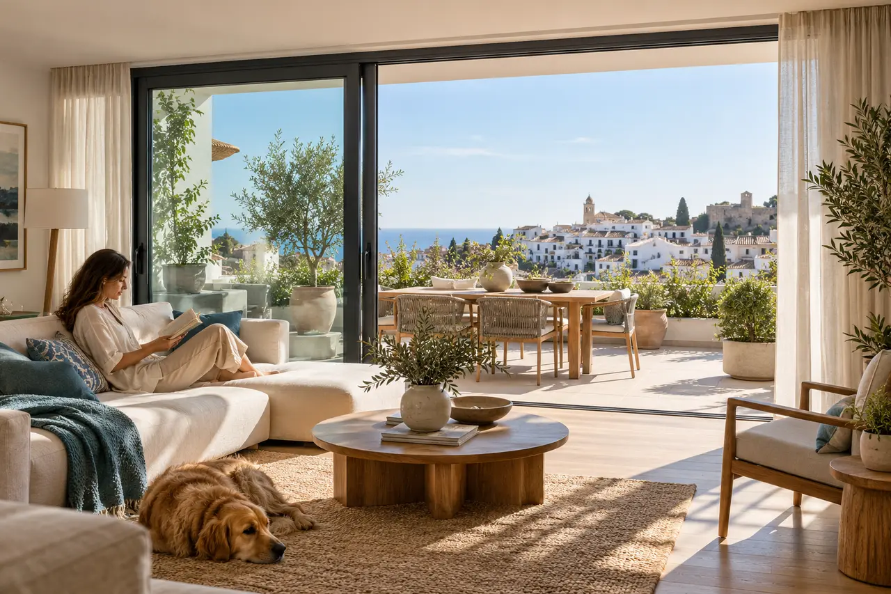 Salón luminoso con una gran corredera elevable de aluminio abierta a la terraza
