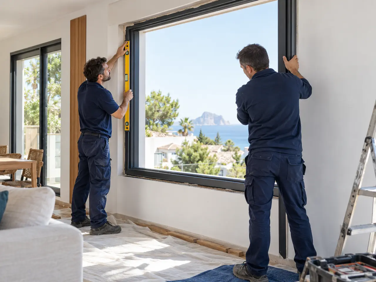 Dos instaladores colocando y nivelando el marco de una ventana de aluminio