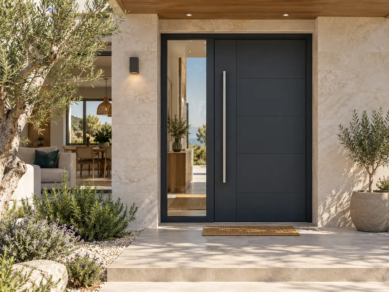 Puerta de entrada de aluminio gris antracita con panel de vidrio lateral en una vivienda