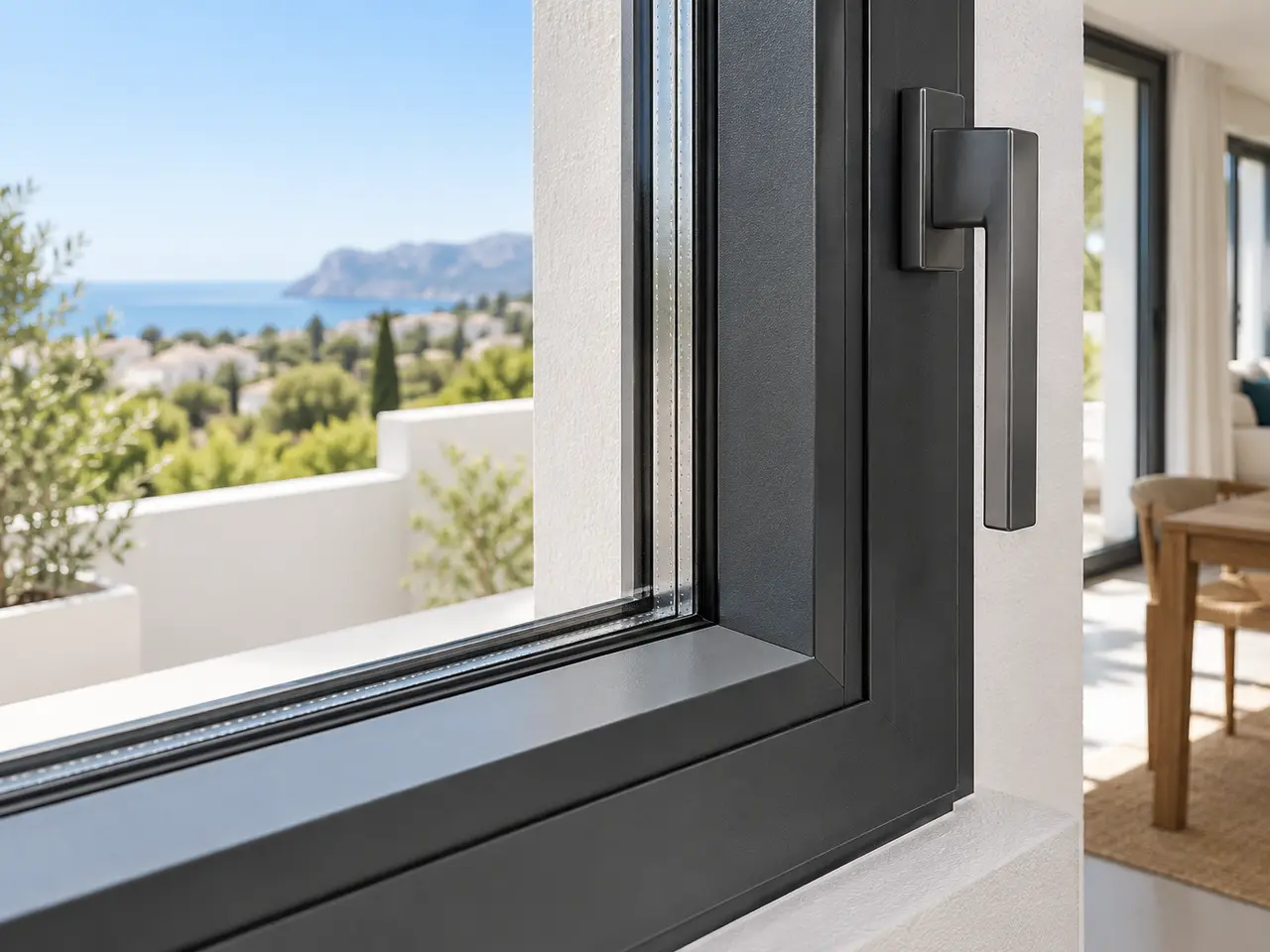 Detalle de una ventana de aluminio gris antracita con rotura de puente térmico