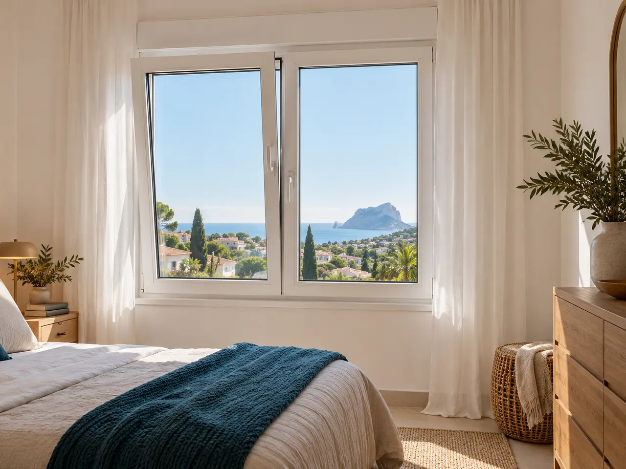Ventana oscilobatiente de PVC blanco abierta en posición basculante en un dormitorio